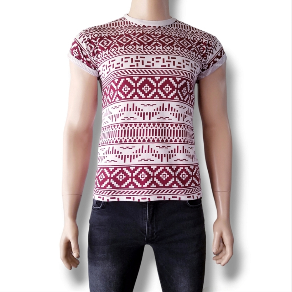 Topman Burgundy & White Tribal Geometric Rolled Sleeve T-Shirt